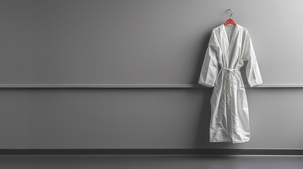 A single hospital gown hanging on a solid gray background, showcasing its open design and tie-up closures