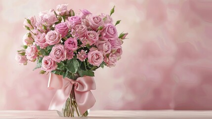 A stunning display of pink roses arranged in a vase with a delicate satin bow set against a soft pastel pink background on a tabletop Perfect for occasions like birthdays weddings Mother s 