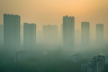 Fototapeta premium An urban skyline obscured by a thick layer of smog, highlighting the urgent need for sustainable urban development.