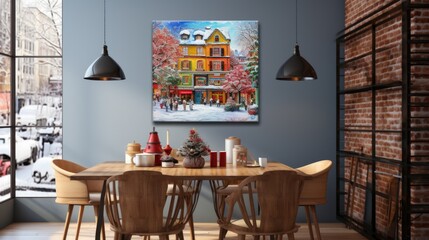 Cozy Modern Dining Room with Winter Painting and Industrial Elements