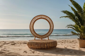 Beach chair in serene isolation, crafted from wood, with hints of gold and red, surrounded by abstract objects in vibrant colors