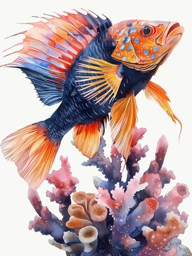 Enchanting crow fish perched on coral, watercolor clipart, single object, isolated on white background, combines features of a bird and marine life in a captivating fusion
