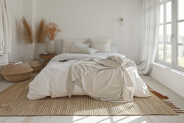 Fototapeta na wymiar A serene white bedroom with a natural fiber rug and a comfortable, oversized bed.