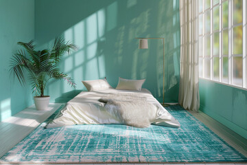 A serene turquoise bedroom oasis with a plush area rug and a modern floor lamp.