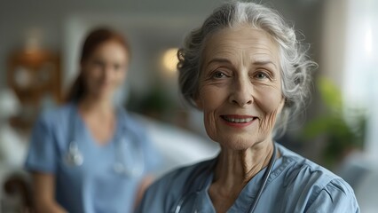Elderly woman and nurse share a heartfelt smile, reflecting compassion in a healthcare setting. Concept Healthcare, Compassion, Elderly Care, Nursing, Emotional Connection - obrazy, fototapety, plakaty