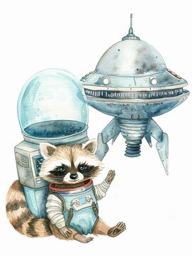 Watercolor clipart of a curious raccoon astronaut floating next to a sleek alien spaceship, single object, isolated on a white background , digital photography