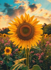 Large sunflower in center, field with other flowers, blue sky with clouds.