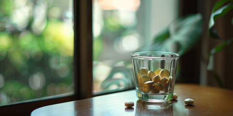 Tranquil Scene of a Glass Filled with Pills by a Sunny Window