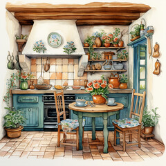 Cozy kitchen watercolor
