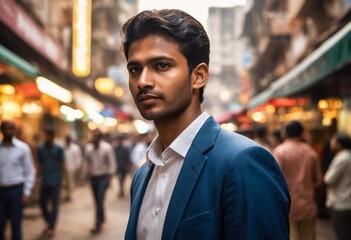 A sharply dressed man walks through a crowded street, his focused expression reflecting the fast pace and the hustle of city life.