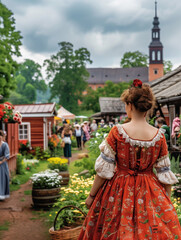 Whitsun market joy: A family strolls through a vibrant market, sunlight dappling intricate embroidery.