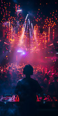 The silhouette of a DJ as he looked out into the nightclub where he is playing music. Laser lights shine down on the partygoers as they dance. 