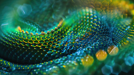 Macro photography, futuristic vibrant organic nature-inspired abstract reptile skin and scales connecting and flowing. Very modern. Nature technology, sustainability design, isolated, bokeh, bright