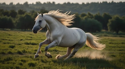 Obraz na płótnie Canvas Majestic white stallion running in lush field.