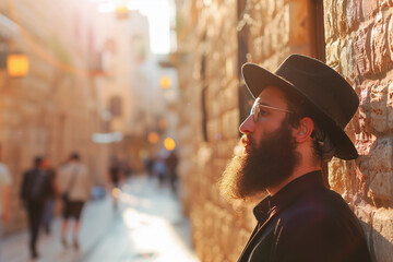 portrait of a young jewish man with beard and hat in israel, free copy space for text