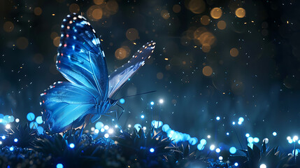 A radiant butterfly with wings that mirror the night sky alights amidst an ethereal cascade of light, surrounded by smaller luminous kin, embodying the universe’s vast and sparkling wonder. - obrazy, fototapety, plakaty