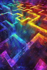 A digital artwork depicting a labyrinthine maze of interconnected pathways and portals, illuminated by a spectrum of vibrant colors. 