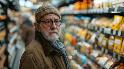 Elderly shopper with dementia struggles among various overwhelming store options. Concept Aging Population, Shopping Challenges, Dementia Awareness, Supportive Environment, Elderly Care - obrazy, fototapety, plakaty