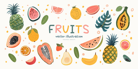 Set of tropical fruits and leaves drawn in gouache. Collection of isolated illustrations for your design.