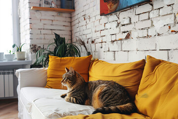 Domestic cat at cozy contemporary apartment living room interior vintage style.