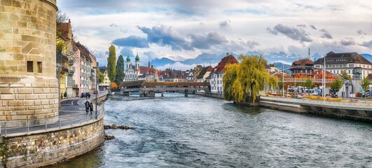 Astonishing historic city center of Lucerne with famous buildings and lake Jesuitenkirche Church.