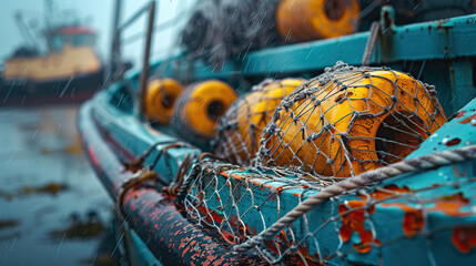 Macro photography, close-up shot, prime lenses, lobster pots on fishing boat. Modern. Nature, sustainable design, isolated, bokeh, bright