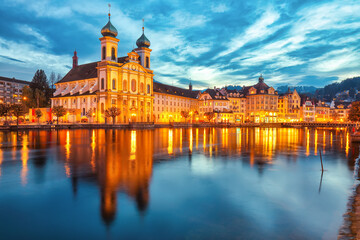 Marvelous historic city center of Lucerne with famous buildings and Jesuitenkirche Church.
