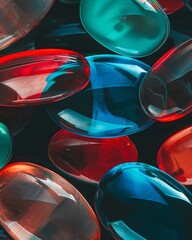 Round and oblong shapes, vibrant hues of red, blue, and green  a background image that represents the vast and intriguing world of modern medicine
