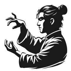 Unique chinese man performing cultural 冥想 vector silhouette isolated on white background