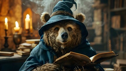 Bear Wearing Wizard Costume and Displaying Human-Like Intelligence in Surreal Photo Shoot. Concept Surreal Photoshoot, Animal Anthropomorphism, Wizard Costume, Intelligent Bear, Fantasy Concept - obrazy, fototapety, plakaty