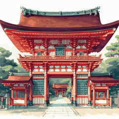 Watercolor Vector illustration of Heian Jingu Shrine isolated on white background