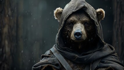 Surreal Photo Shoot: Bear in Wizard Costume with Human Intelligence. Concept Fantasy, Surreal, Wizard, Bear-costume, Human-intelligence - obrazy, fototapety, plakaty