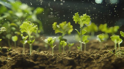 Tiny lettuce plants sprout within a selfcontained ecosystem, their delicate roots bathed in a nutrient mist, a testament to the ingenuity of sustainable agriculture in space - obrazy, fototapety, plakaty