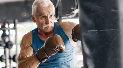 Senior man working out with punching bag at boxing hall. Sport training concept. - Powered by Adobe
