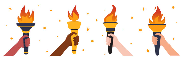 Set of hands holding torches. Olympic torchlights. Vector illustration.