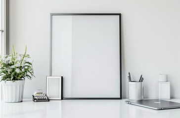 Frame mockup,Empty Picture Frame on Desk with Plant and Pen Holder, high-resolution (300 DPI)