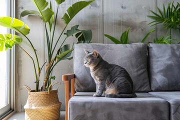 Domestic cat at cozy contemporary apartment living room interior vintage style.