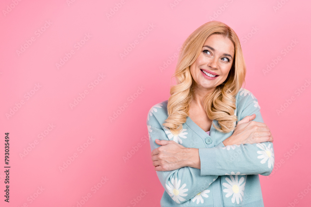 Sticker photo portrait of lovely young woman hugging self look empty space dressed stylish flower print garm