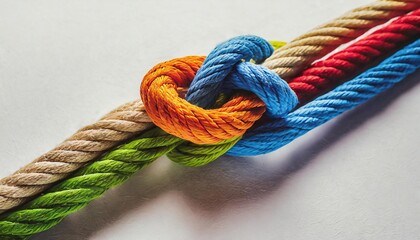 Colorful ropes tied together on white background. Unity concept 