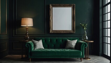 Blank frame mockup in dark interior room with green furniture
