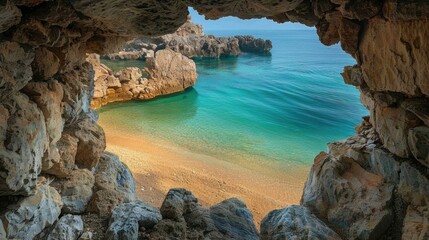 Hidden Beach View Through a Rustic Stone Wall in a Mediterranean Home
