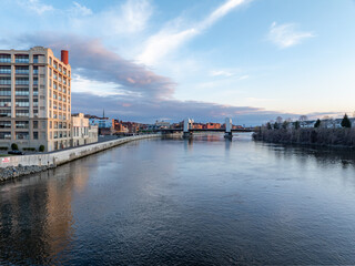 Late afternoon spring aerial view of downtown Troy, NY on the Hudson River.