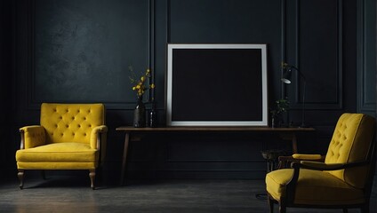 Blank frame mockup in dark interior room with lemon furniture