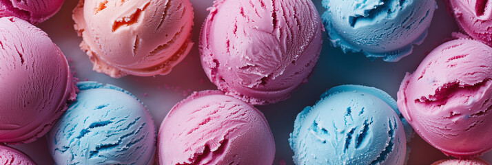 Colorful ice cream scoops background banner. Panoramic web header. Wide screen wallpaper