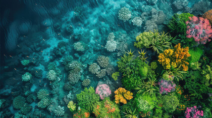 Naklejka na ściany i meble Vibrant coral reef seen underwater from above, a colorful marine landscape