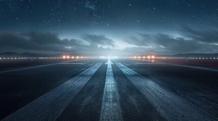 Fototapeta na wymiar Dark concrete or asphalt of plane runway with light in the night sky view. AI generated image