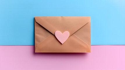 Cute craft paper envelope with pink heart. Romantic love letter