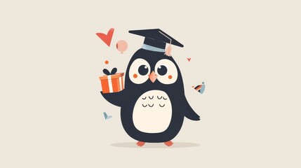 A light background features a playful illustration of a celebratory animal (owl with a graduation cap penguin with a party hat) holding a small gift box in its beak or paws. 