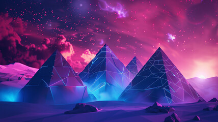 Glowing low poly pyramids under a neon sky, representing the ancient future of networked civilizations - obrazy, fototapety, plakaty