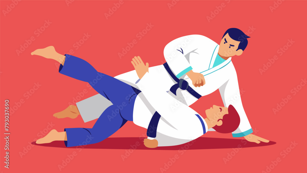 Poster employing the element of surprise a jiu jitsu student exees a berimbolo ping their opponents leg and